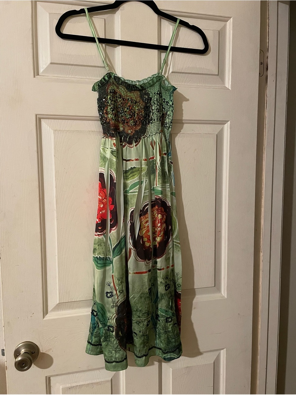 Lapis Y2K Green Smocked Embroidered Graphic Floral Handkerchief Midi Dress OS